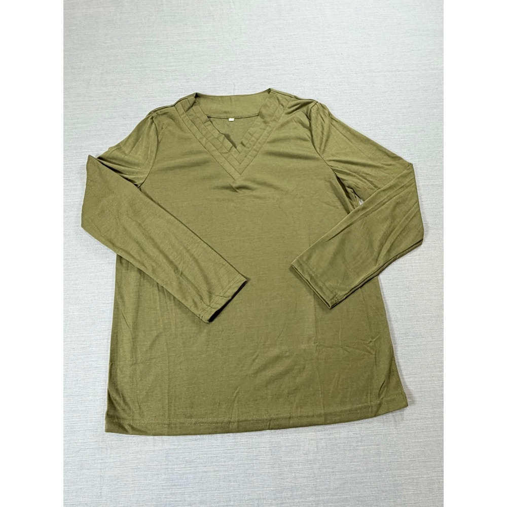 Olive Green V-Neck Long Sleeve Pleated Neckline Knit Top Blouse Small